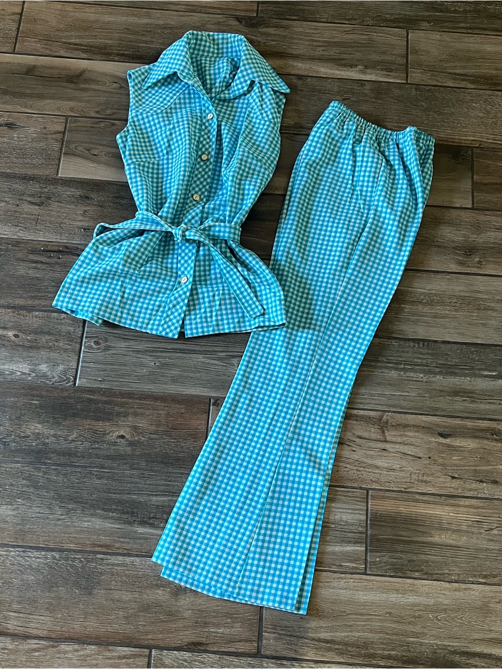 Vintage 70s Blue Gingham Pants Set Handmade Plaid Polyester Retro Outfit